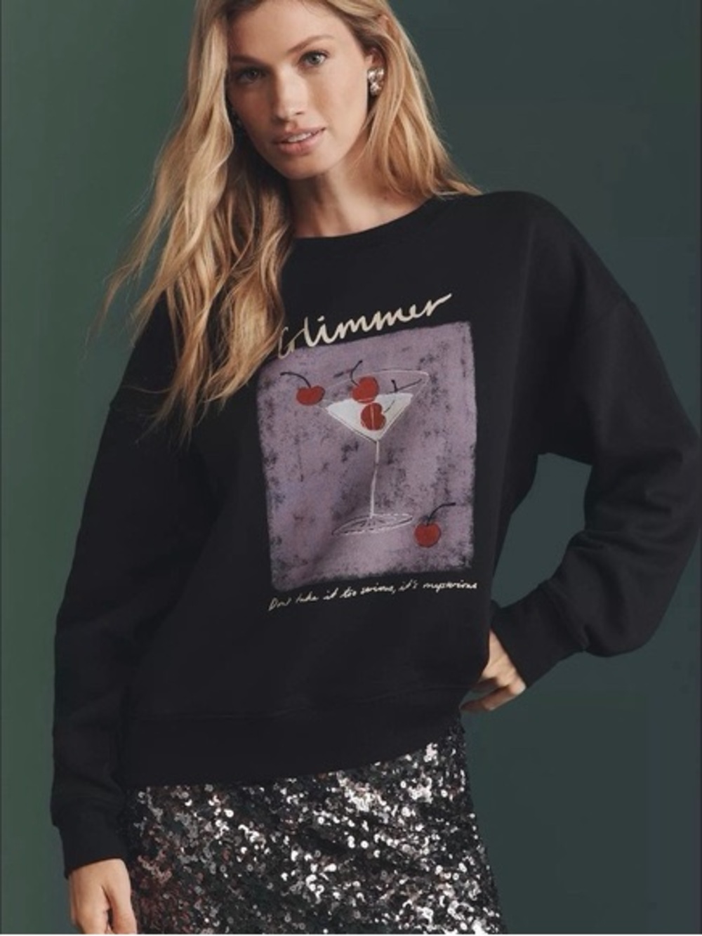 Glimmer Black Graphic Sweatshirt with Cherry Motif